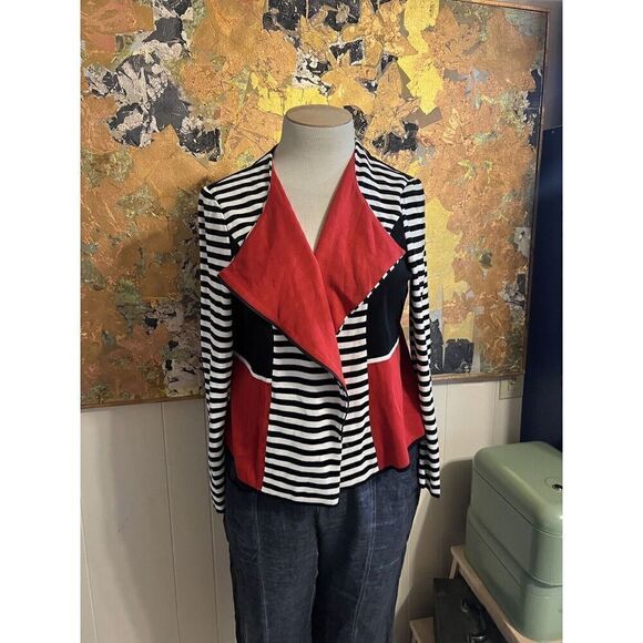 Ming Wang Womens Large Diagonal Zip Front Jacket Black Red Striped Colorblock - Picture 1 of 9